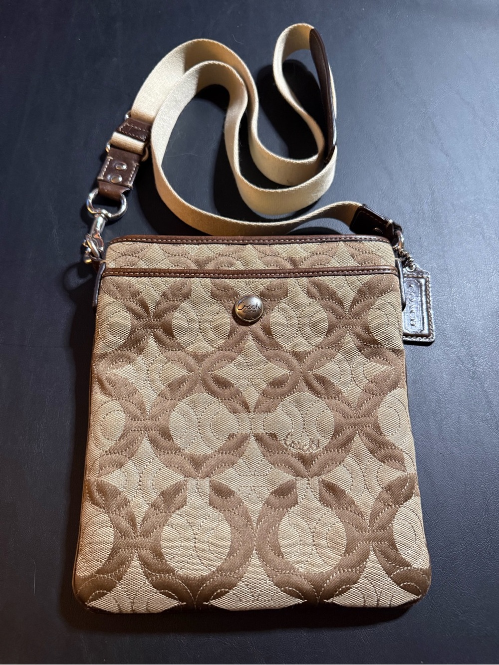 Coach Signature Op Art Crossbody Bag Khaki Brown 42914